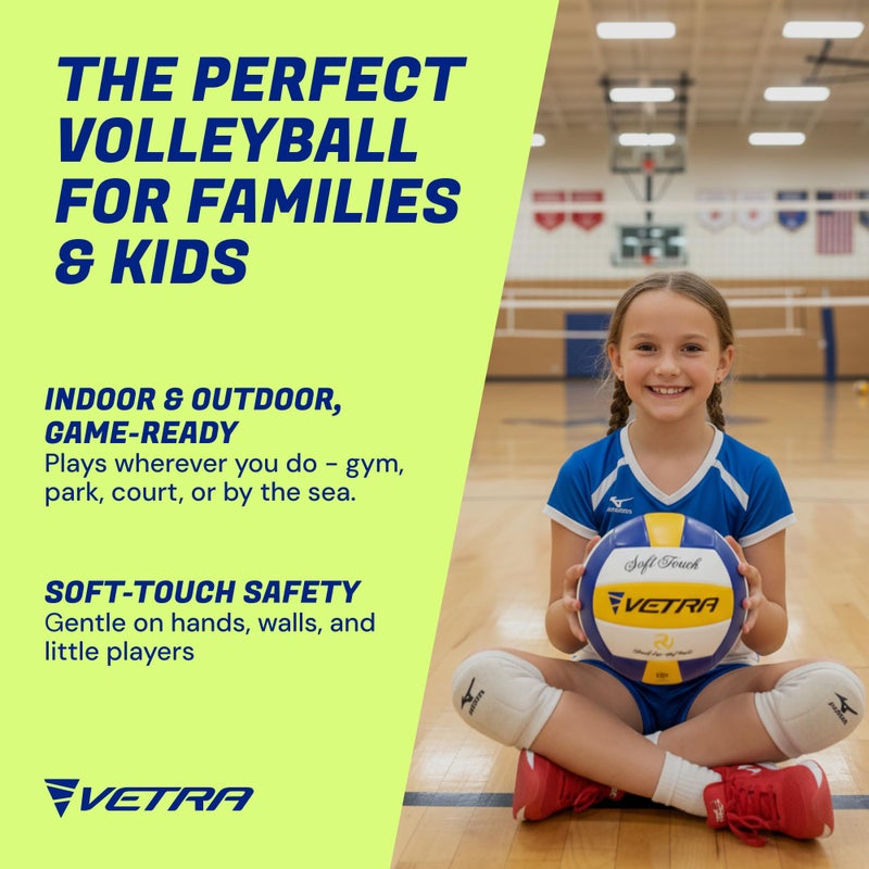 VETRA Soft Touch Volleyball Ball - Official Size 5, Yellow/Blue/White, 1-Pack - Indoor & Outdoor Play, Pool & Beach Fun - Volleyball Training Equipment, Perfect Sport Gift for Teens Boys and Girls - Image 2